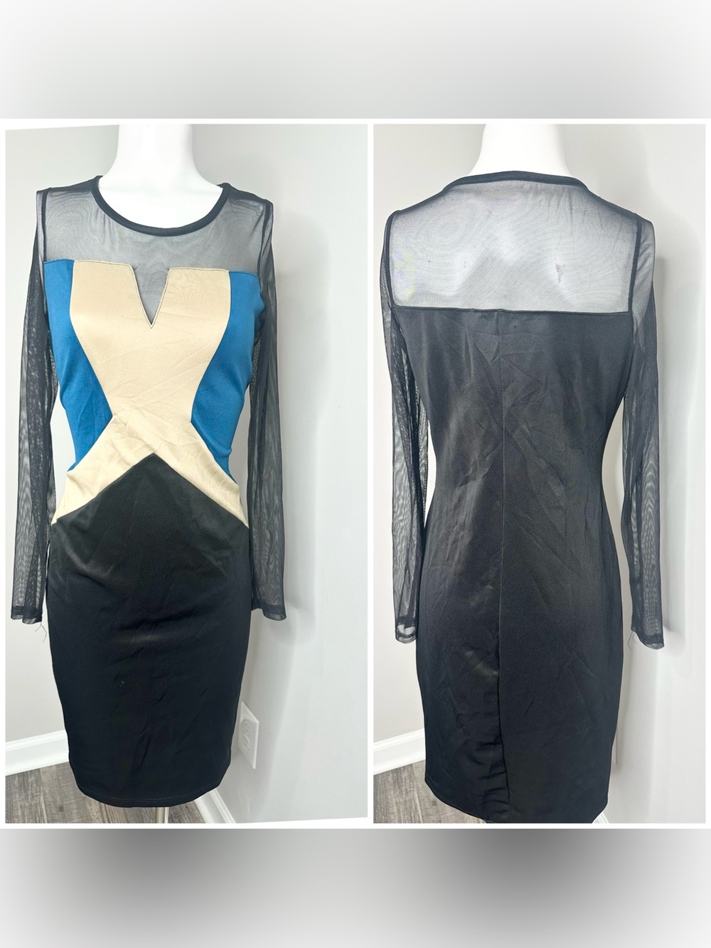 VENUS Black Mesh Long-Sleeve Colorblock Bodycon Dress Blue and Cream Panels-M